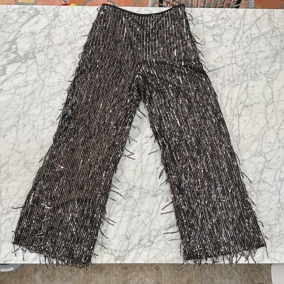 Anthropologie Maeve Sz 4 Sequined Fringe Wide Leg Pants Black Silver RARE color - Picture 1 of 14